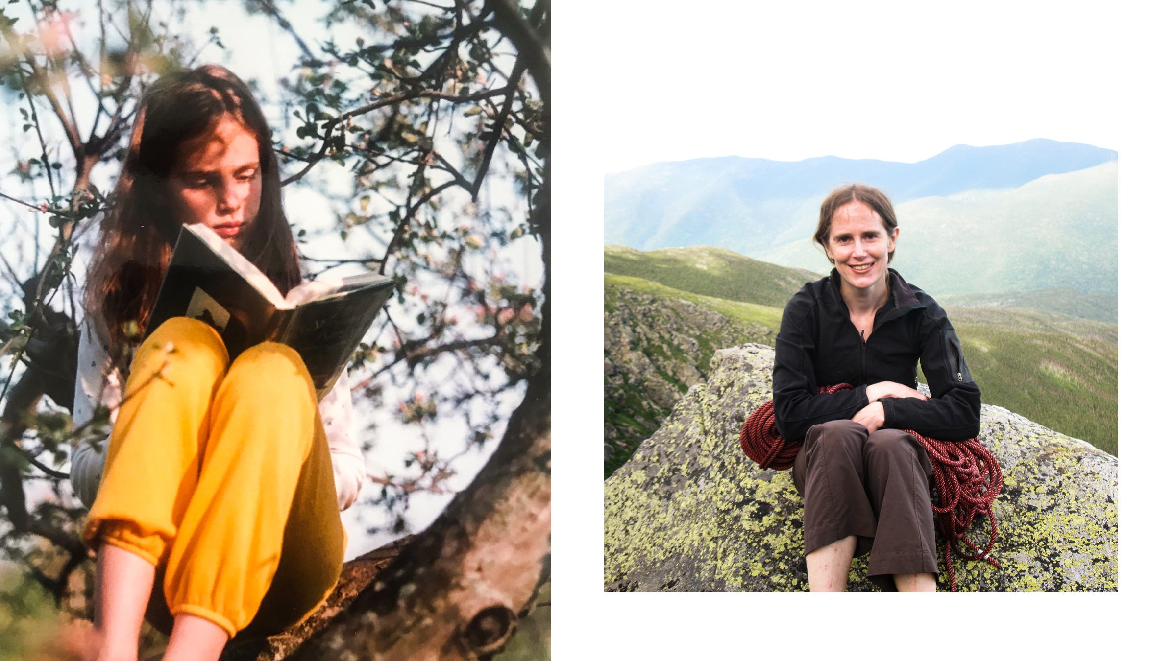 From left: Katie reading in the apple tree, Lincoln, Massachusetts,1985; right, Katie after climbing the Northeast Ridge of Pinnacle Buttress, Huntington Ravine, Mount Washington (Agiocochook) in New Hampshire with a Vermont climbing partner, Richard Hill