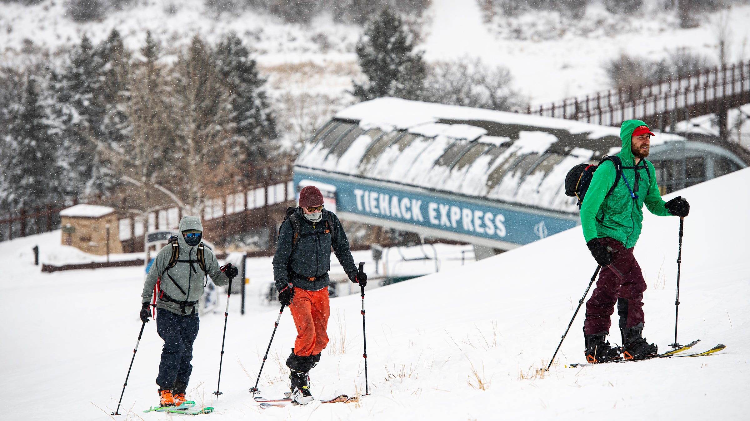 Three friends skin up Tiehack before opening day of Buttermilk in Aspen