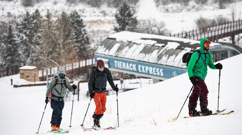 Three friends skin up Tiehack before opening day of Buttermilk in Aspen