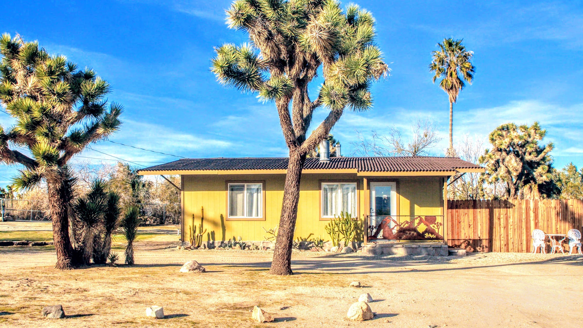 yellow house surrounded by Joshua Trees