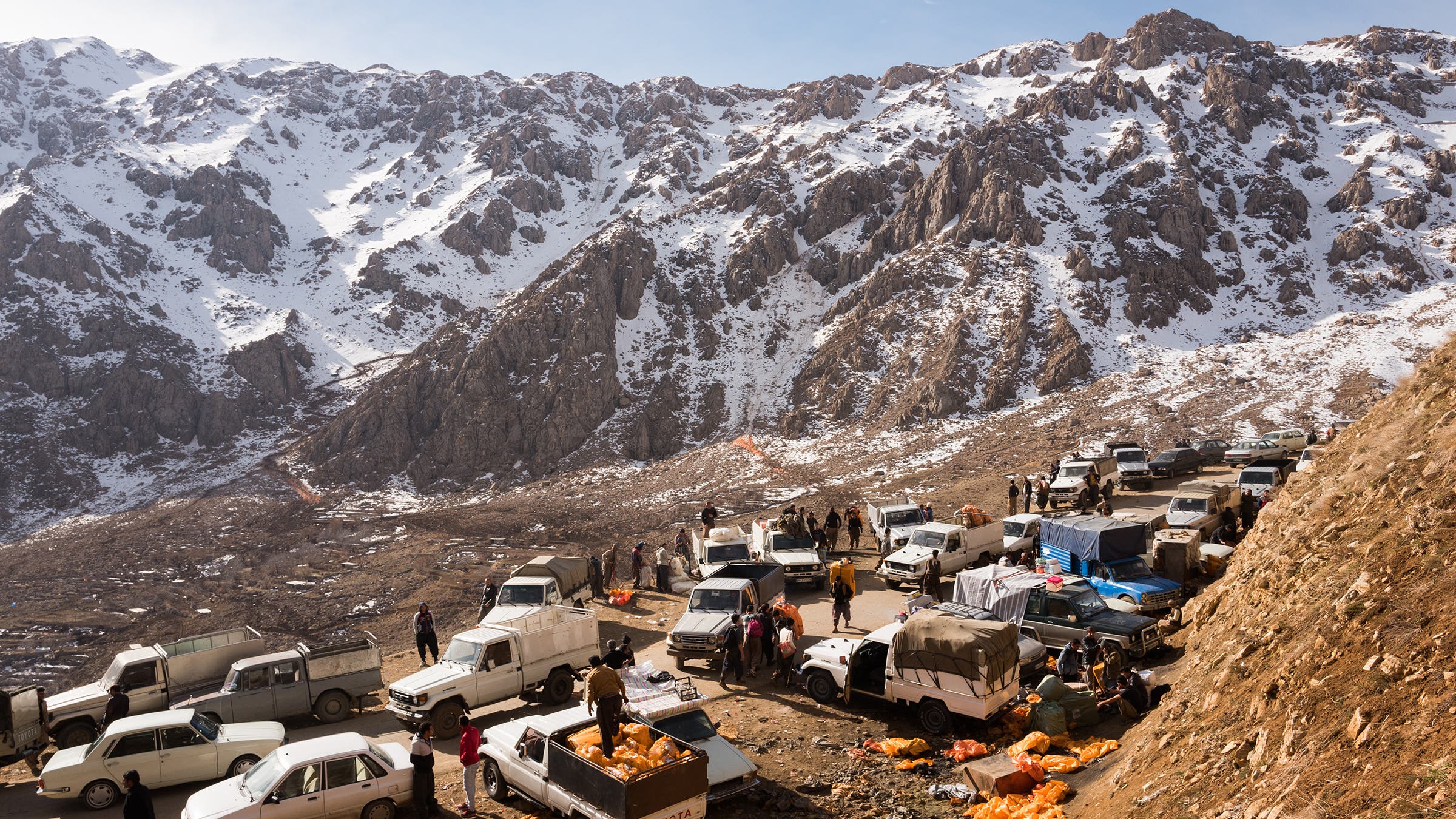 A meeting point outside Mariwan, where loads get transferred to vehicles