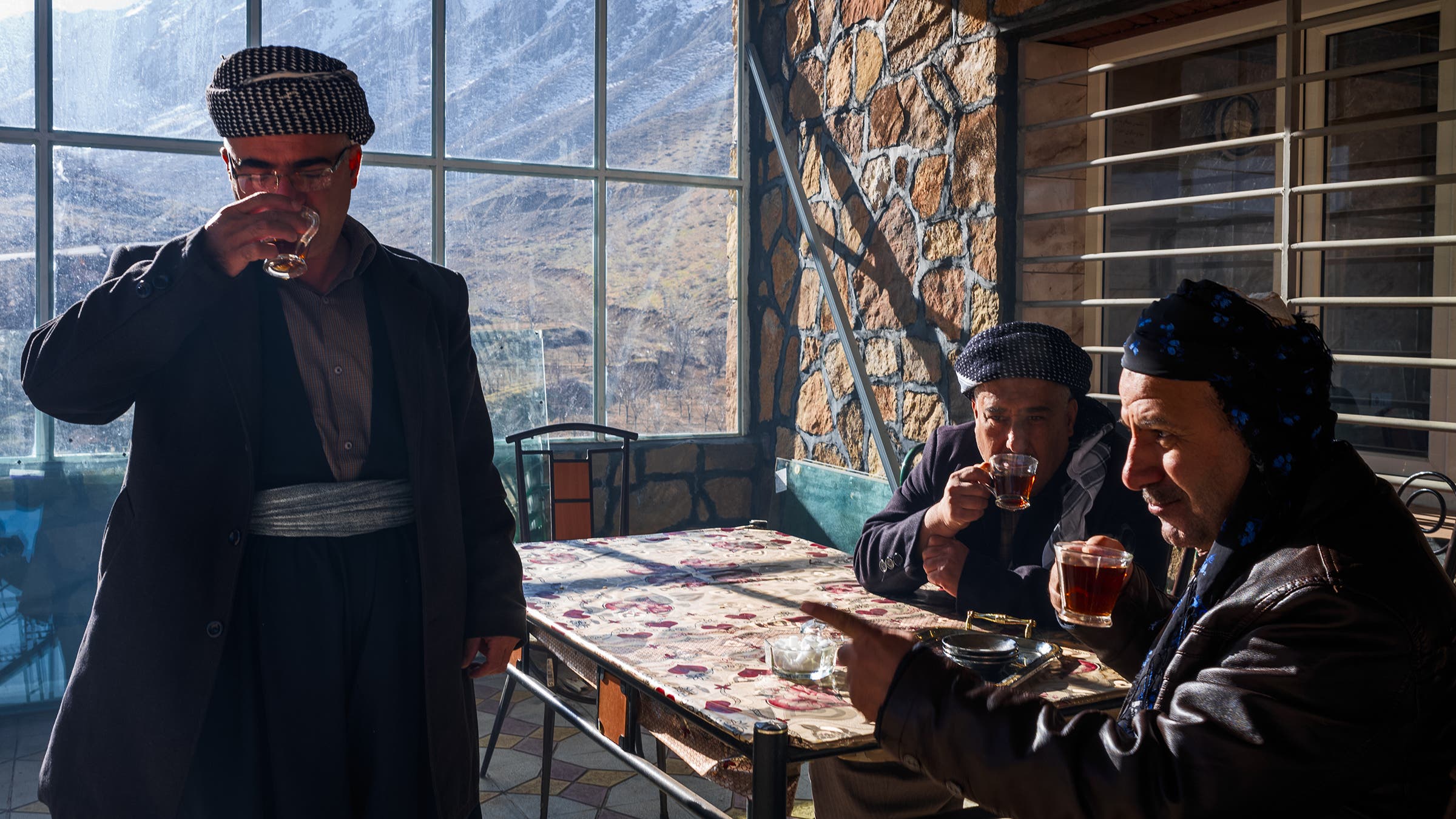 Kolbars rest while drinking hot tea.