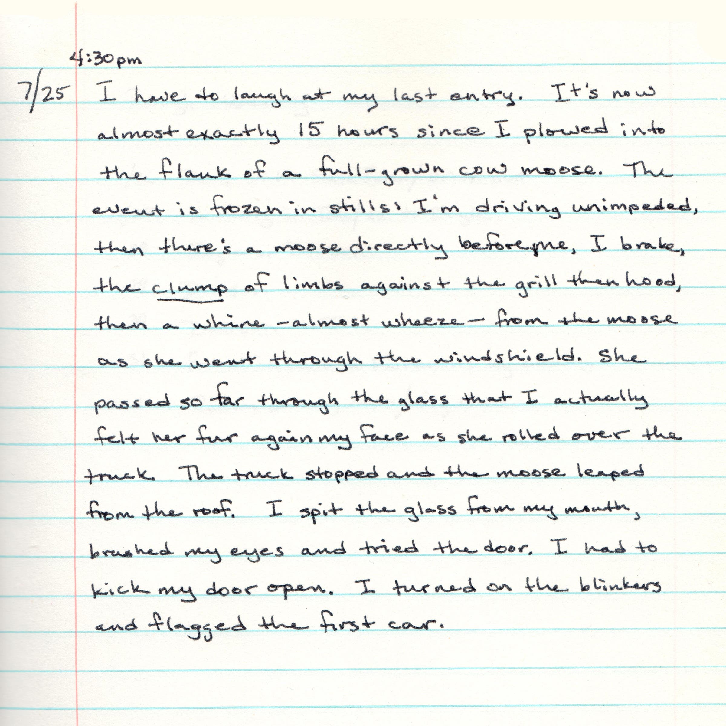 A journal entry from 15 hours after the incident, recounting what happened