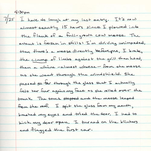 A journal entry from 15 hours after the incident, recounting what happened