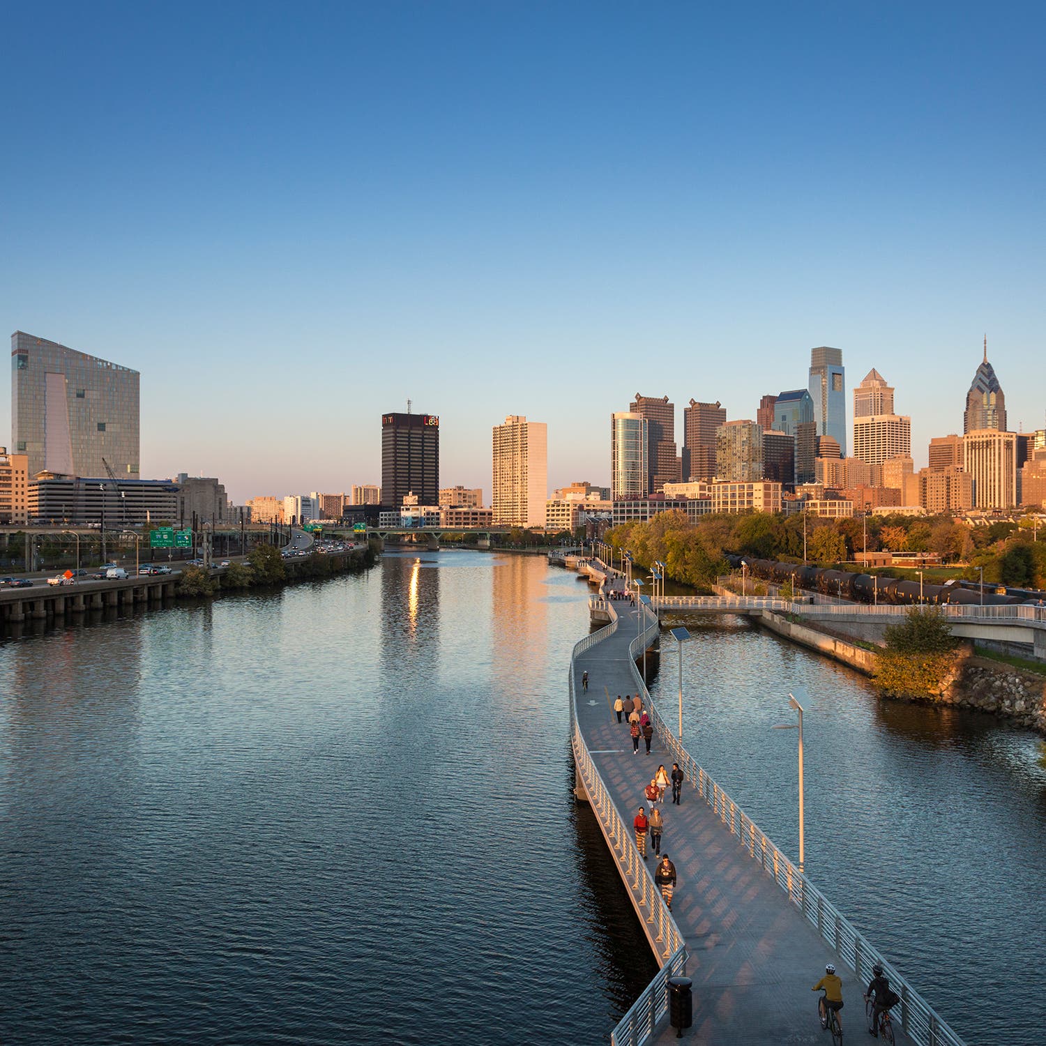 Skyline behind the Schuylkill River Boardwalk
