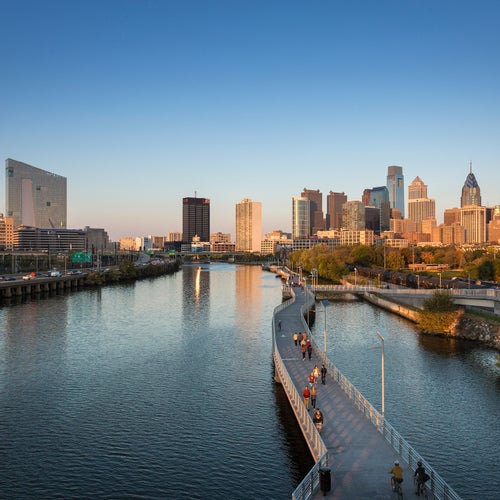 Skyline behind the Schuylkill River Boardwalk
