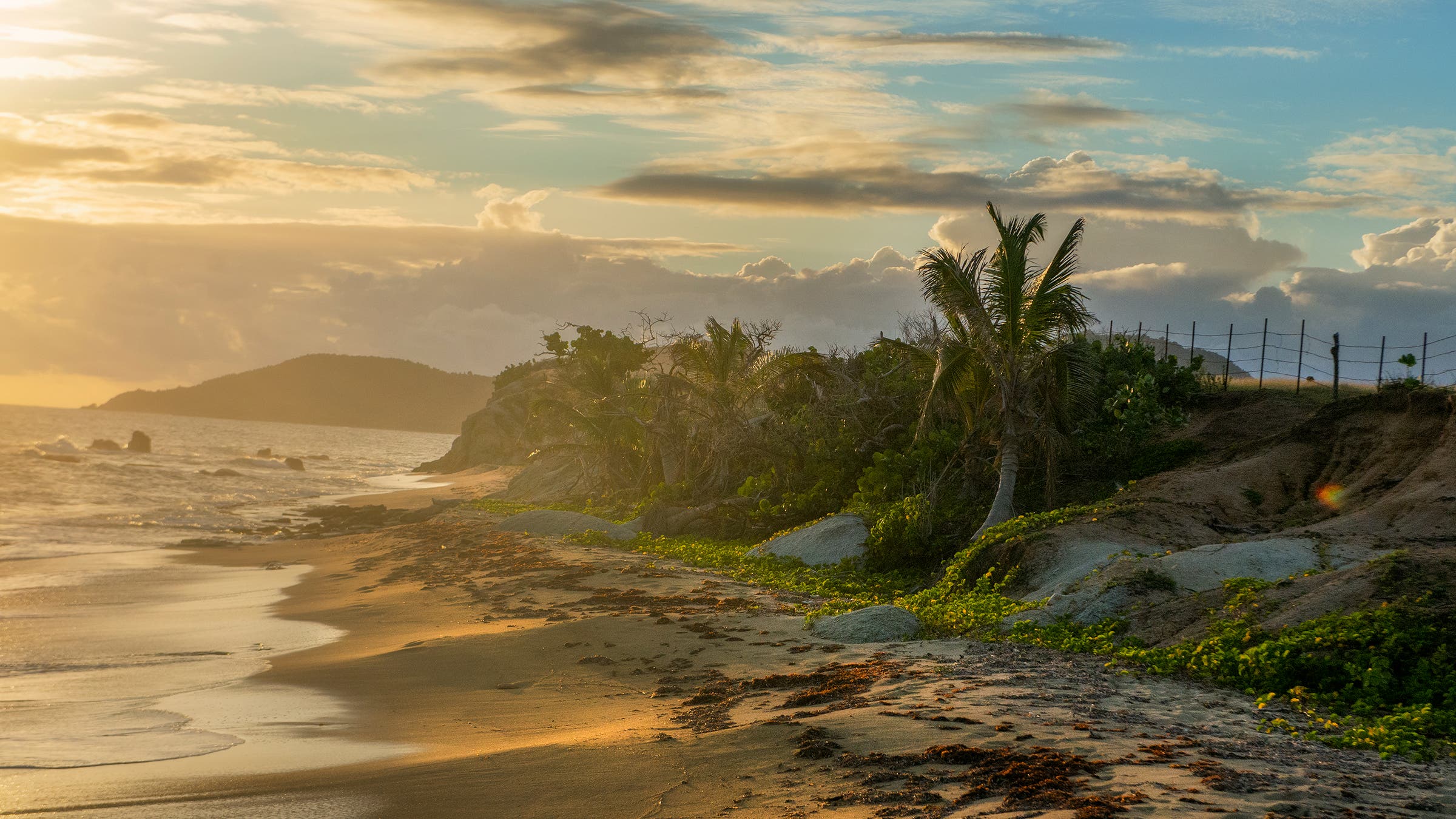 Sunset illuminates the golden sands of the west coast of the island of Vieques, a small isle to the east of Puerto Rico's main island.