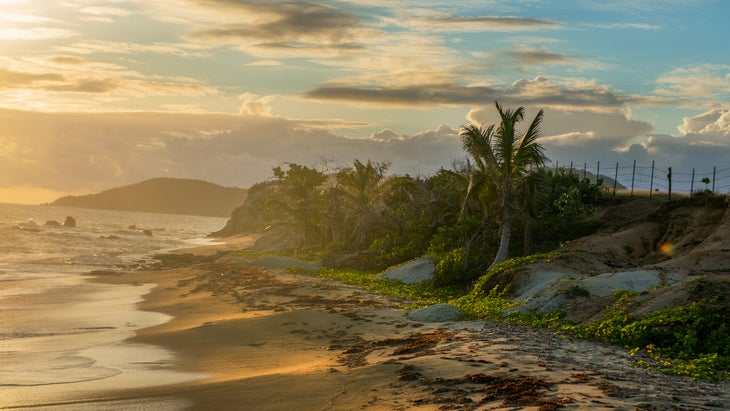 Sunset illuminates the golden sands of the west coast of the island of Vieques, a small isle to the east of Puerto Rico's main island.