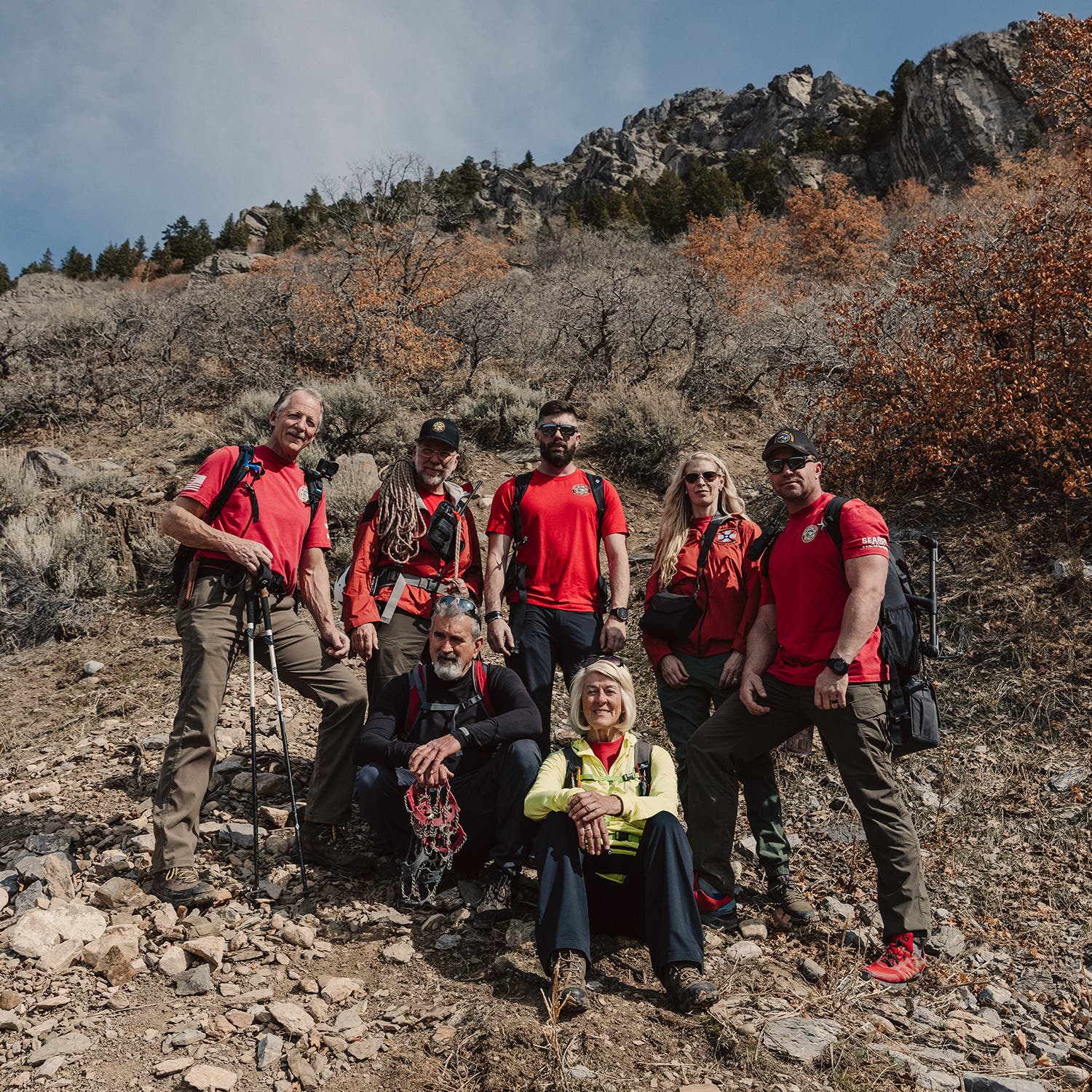 Volunteers with Weber County Search and Rescue, pictured here with Burgin and Garrett. Top row, from left: Jim Stoddard, John Sohl, Rob Clark, and Debbie and Kyle Nordfors