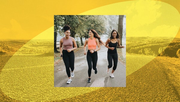 three women run together