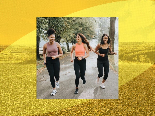three women run together