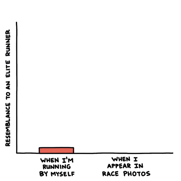 Resemblance to an elite runner chart: "by myself" higher than "in race photos" (both low)