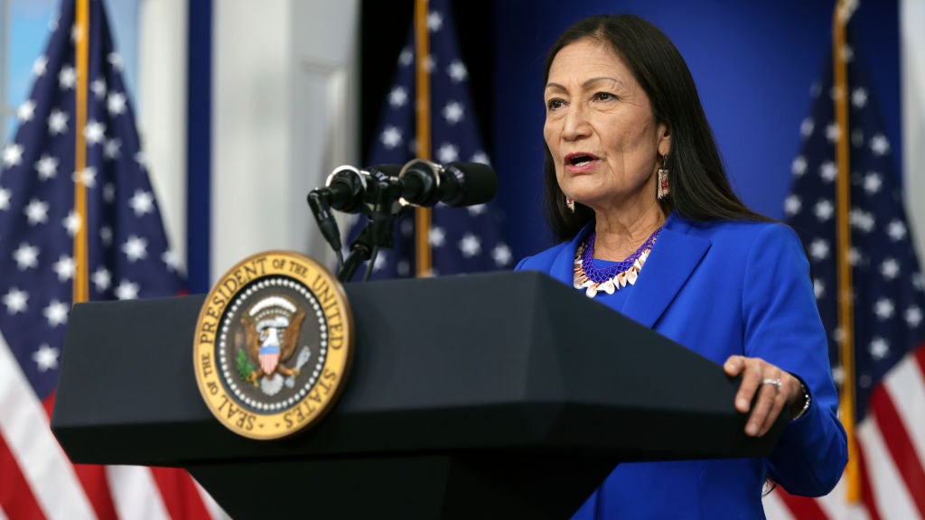 WASHINGTON, DC - NOVEMBER 15: U.S. Interior Secretary Deb Haaland delivers remarks at the 2021 Tribal Nations Summit, at the Eisenhower Executive Office Building on November 15, 2021 in Washington, DC. The summit, which coincides with national Native American Heritage Month, creates the opportunity for Tribal leaders to engage directly with officials from the Biden Administration. (Photo by Alex Wong/Getty Images)