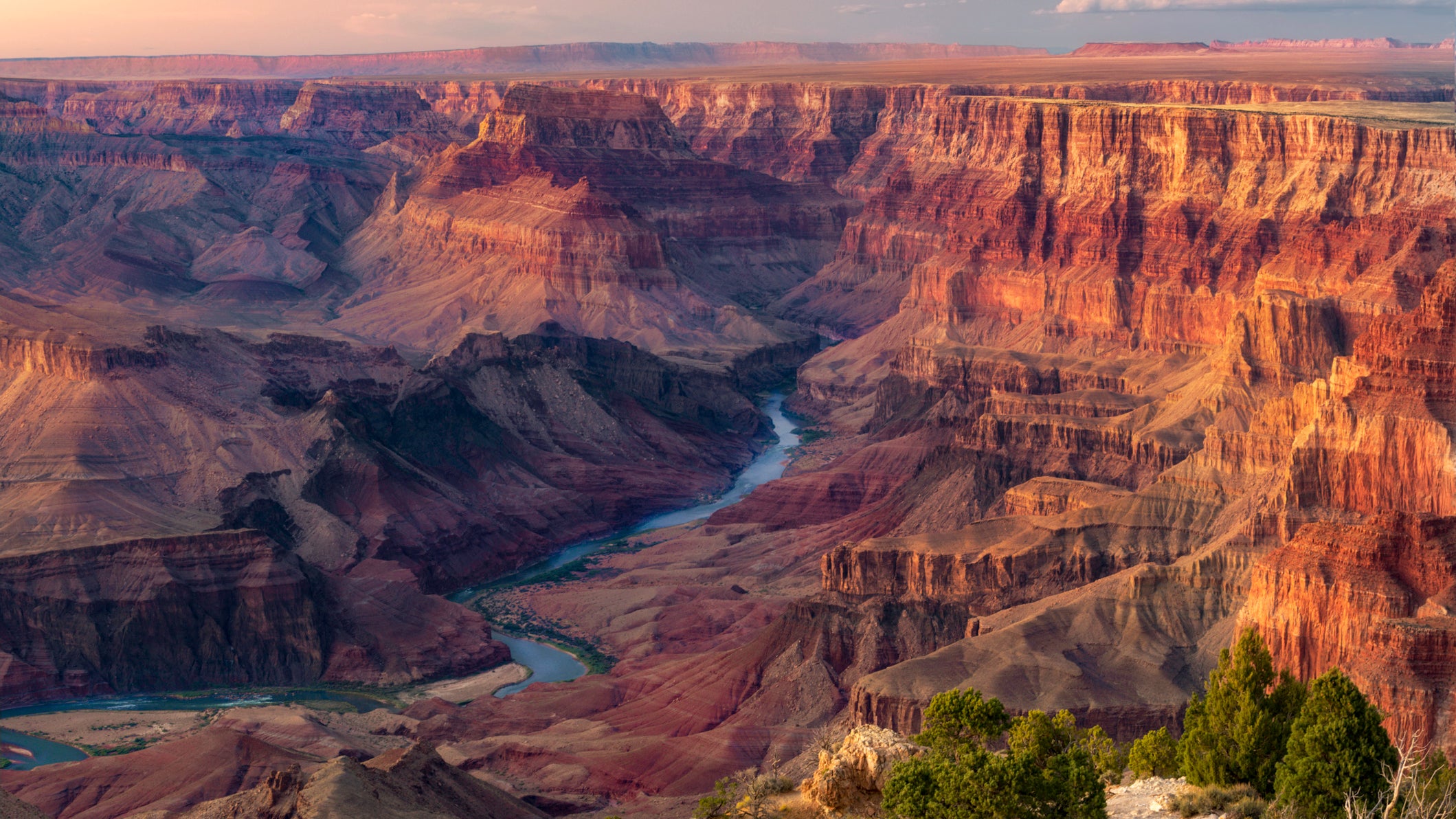Colorful sunset overlooking the Colorado River deep in the Grand Canyon