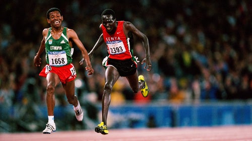 Haile Gebrselassie and Paul Tergat duel to the finish of the 10,000-meter race in the 2000 Olympics.