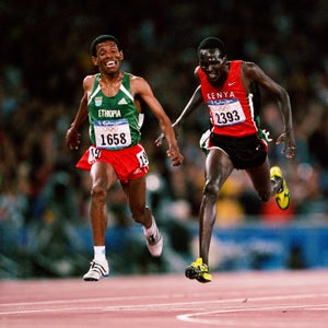 Haile Gebrselassie and Paul Tergat duel to the finish of the 10,000-meter race in the 2000 Olympics.