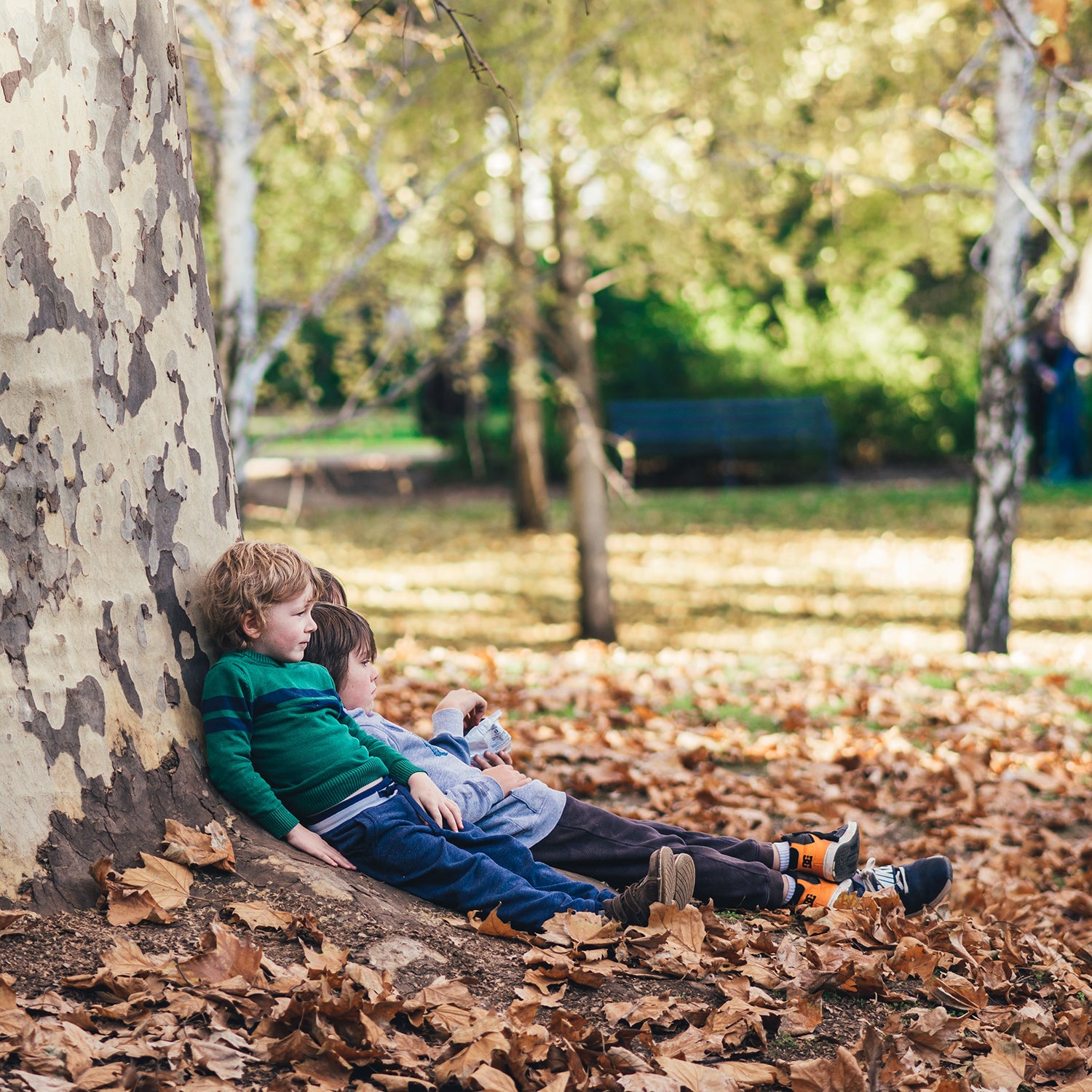 Kids leaning on tree