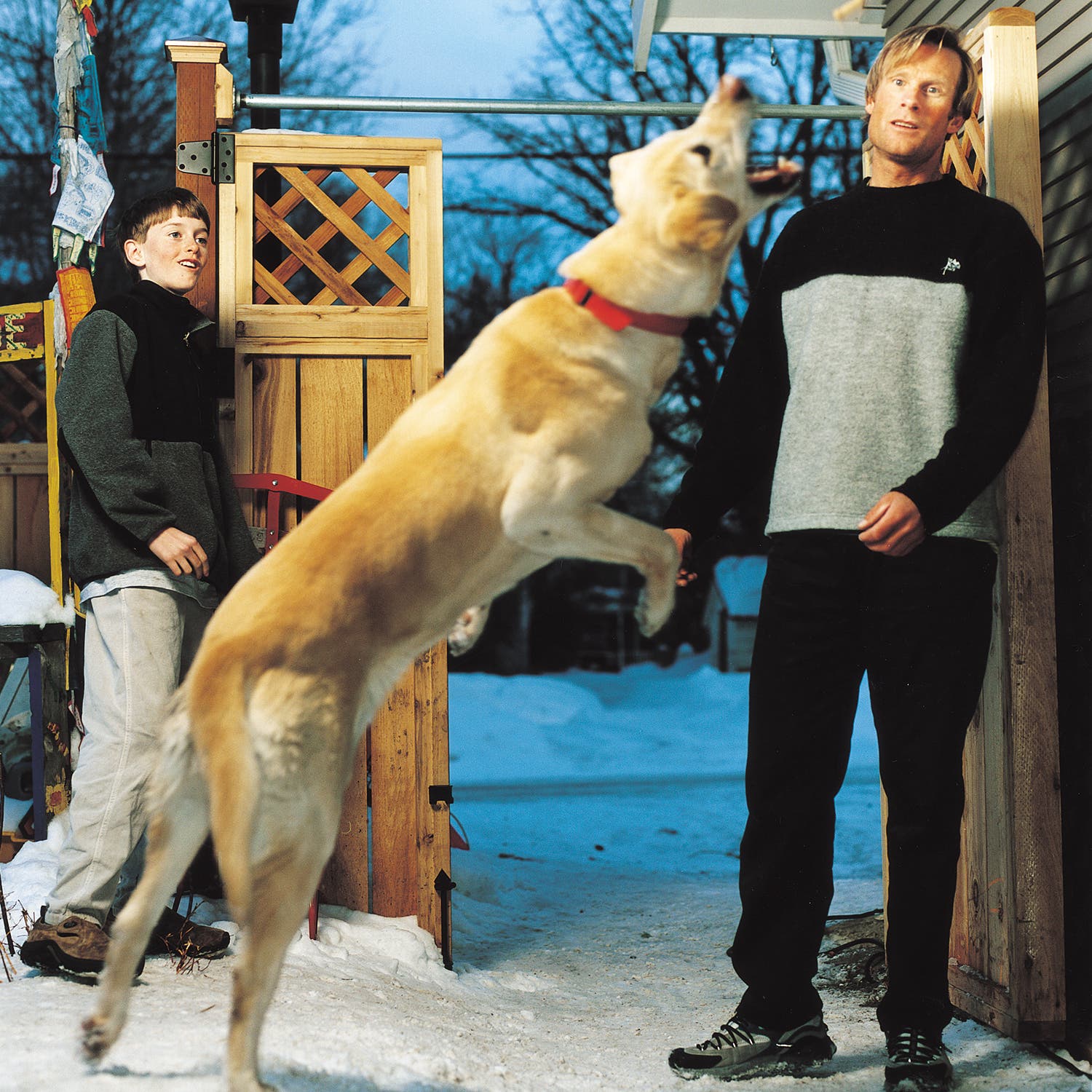 Conrad Anker at home in Bozeman with Max Lowe, 12, and Annapurna