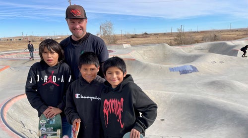 Jeff Ament at a skatepark with kids
