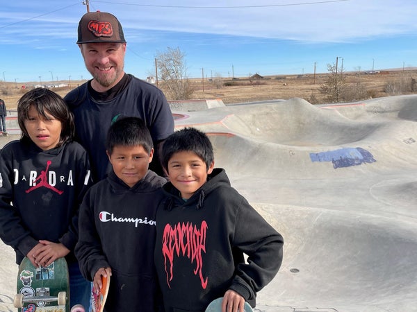 Jeff Ament at a skatepark with kids