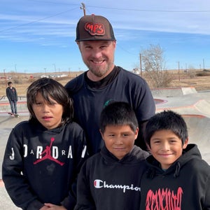 Jeff Ament at a skatepark with kids