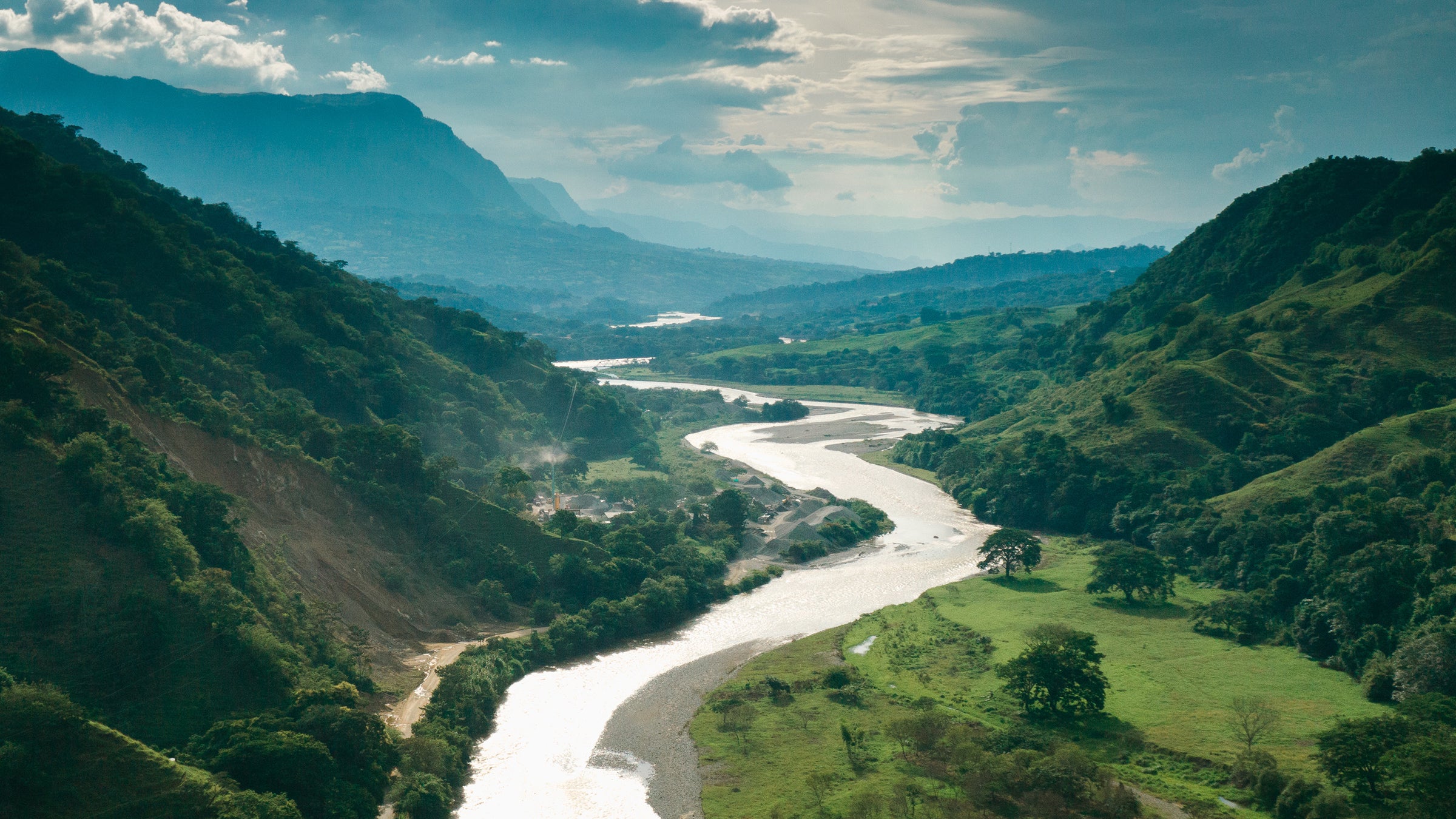 Aerial view of Salamina, Caldas in the Andes and the Magdalena river