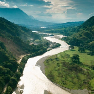 Aerial view of Salamina, Caldas in the Andes and the Magdalena river
