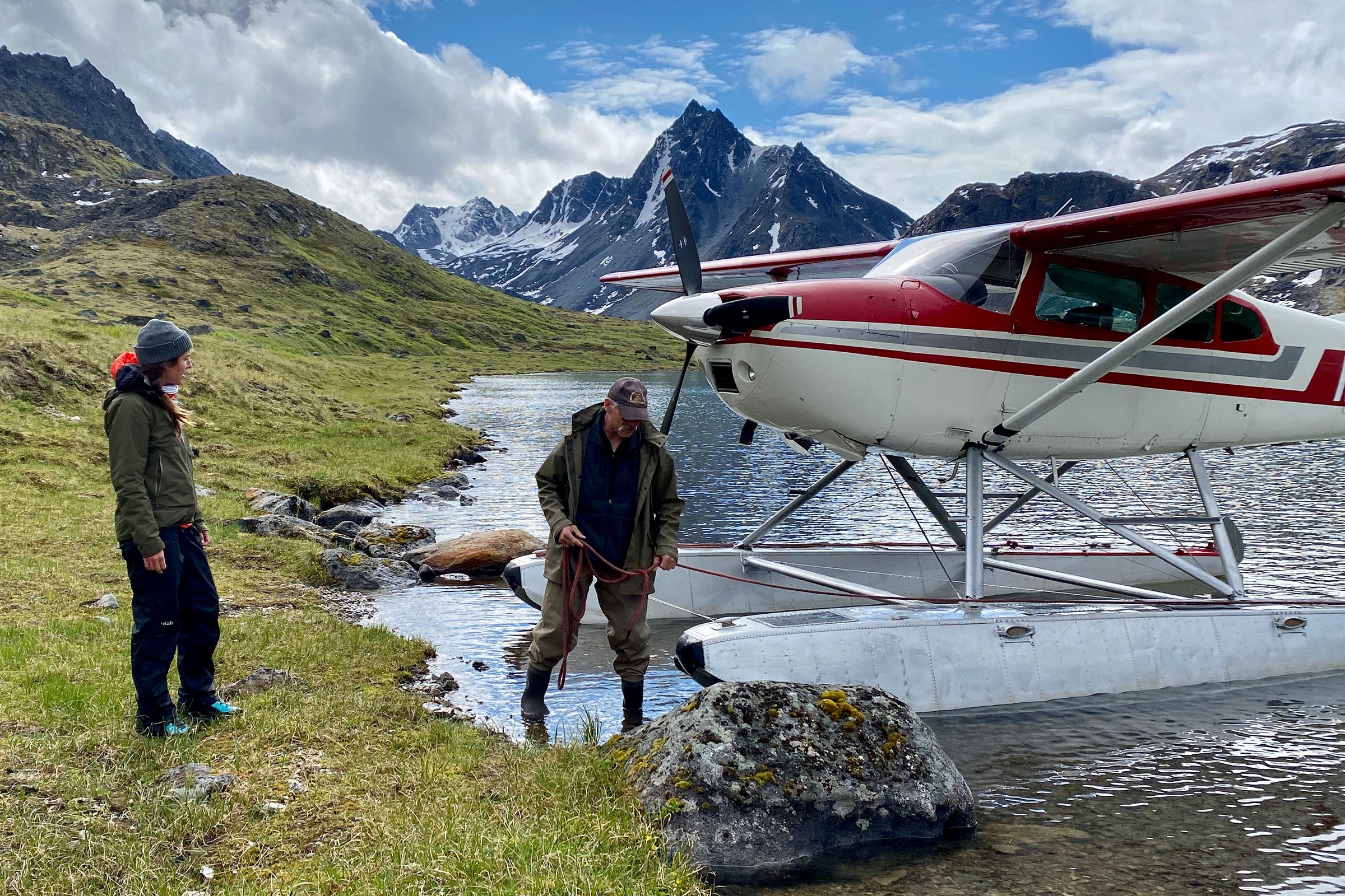 Kathryn Walsh and pilot David Hicks at Sheep Back Lake