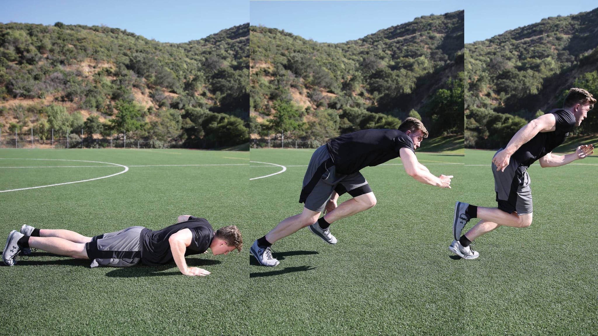 Composite of man going from a push up to a sprint