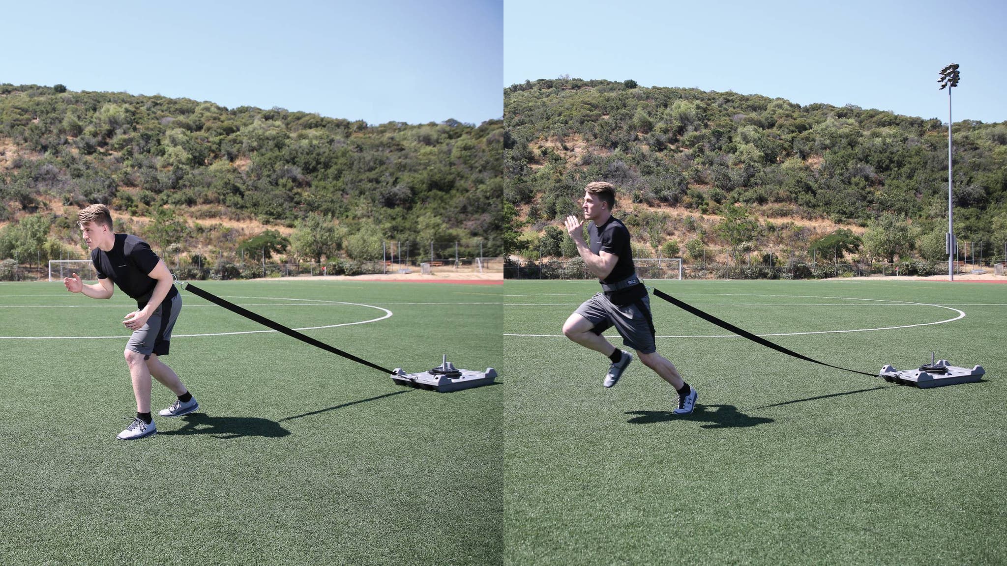 Man performing a weight sled run