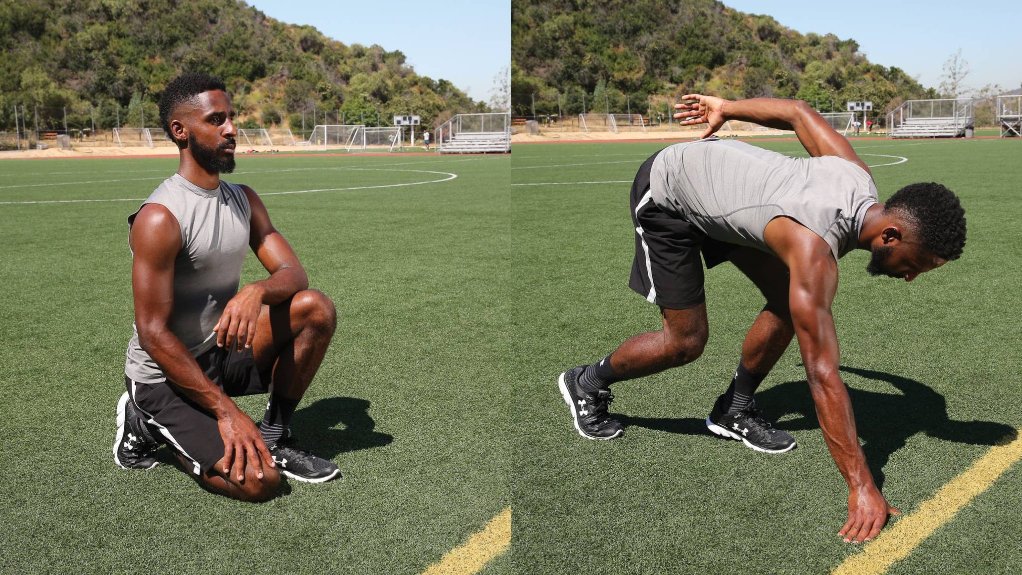 Man demonstrating a 3-point stance and sprint
