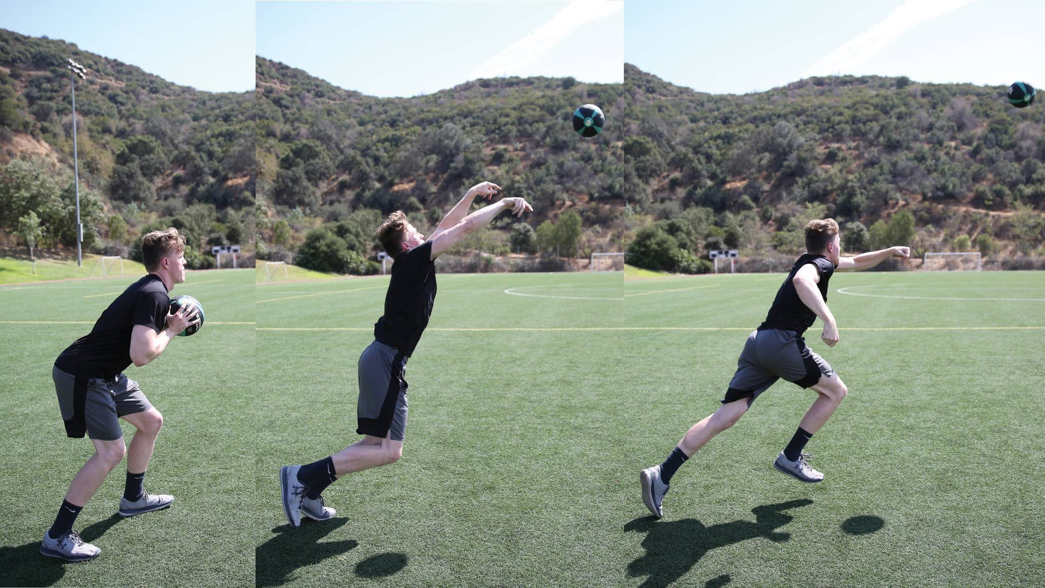 Composite of a man throwing a med ball and then sprinting