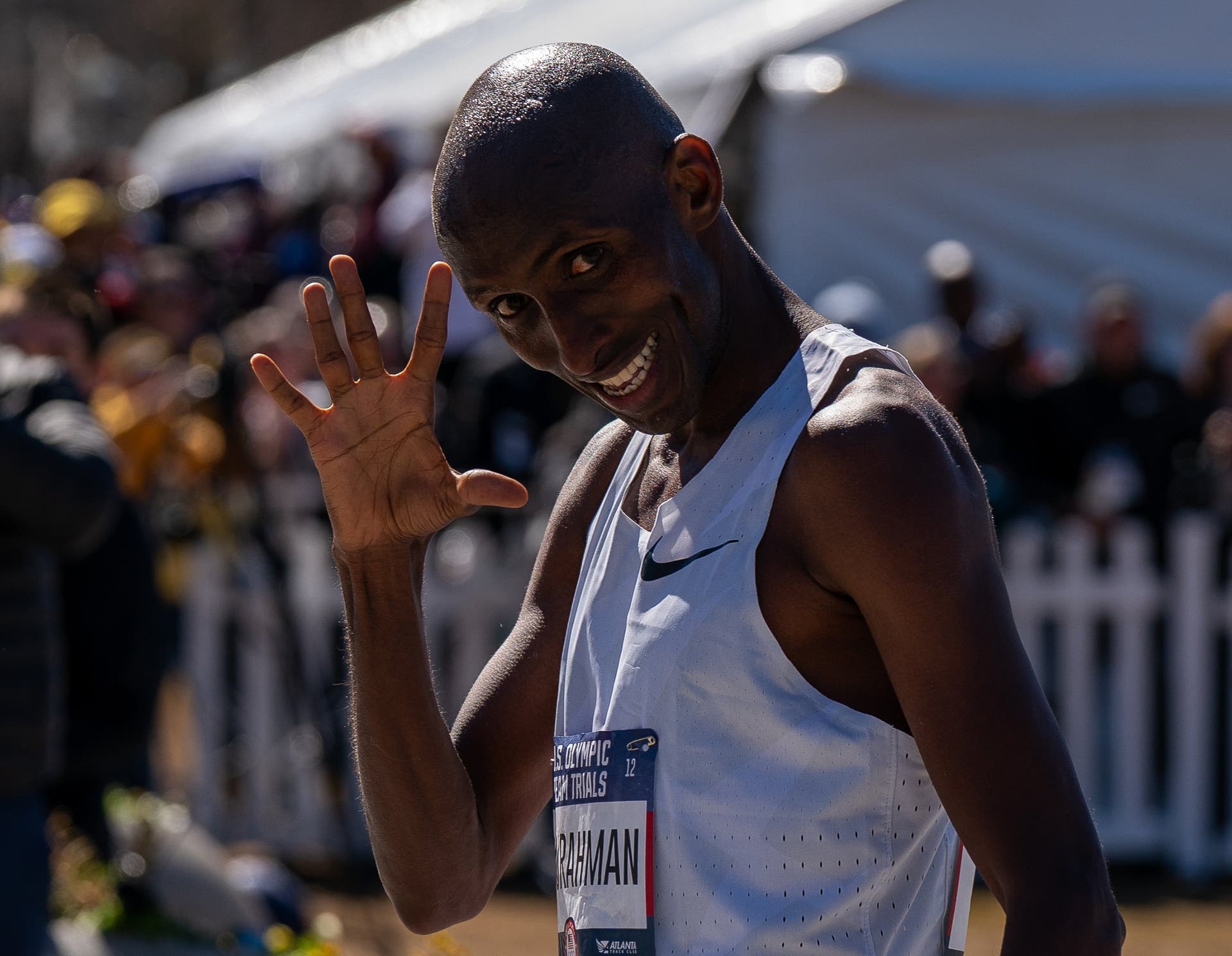 Abdi Abdirahman celebrates making his fifth Olympic team after the U.S. Marathon Trials in Atlanta.