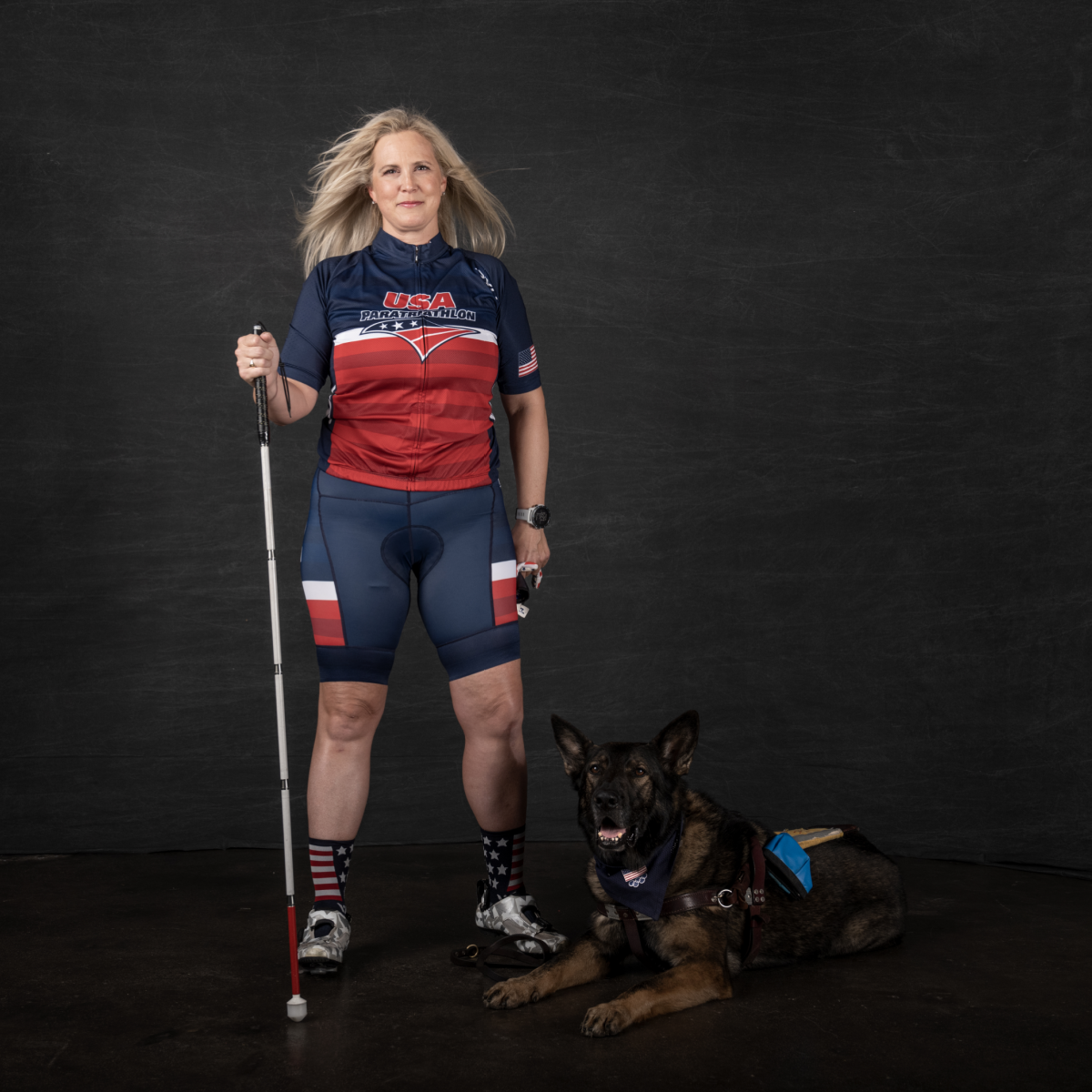Paralympian triathlete Amy Dixon with guide dog