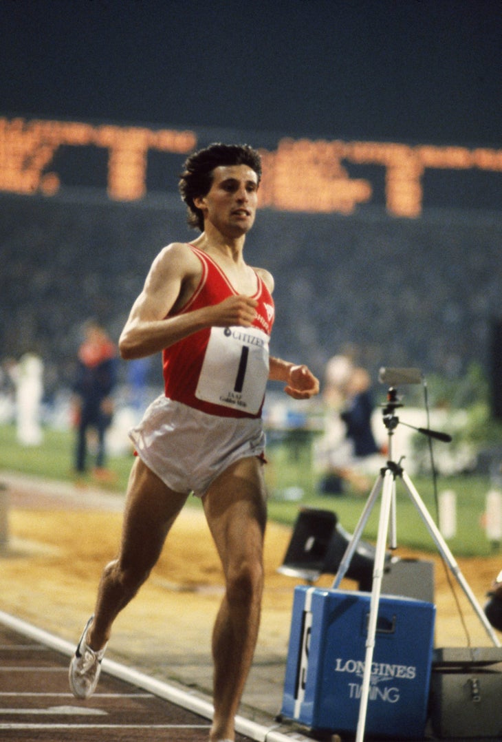 Sebastian Coe of Great Britain crosses the line to win the Citizen Golden Mile. Coe won in a New World Record time of 3mins 47.33s at the Heysel Stadium in Brussels, Belgium on August 28, 1981