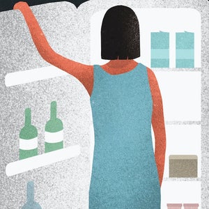 Illustration of hungry woman standing at open refrigerator.