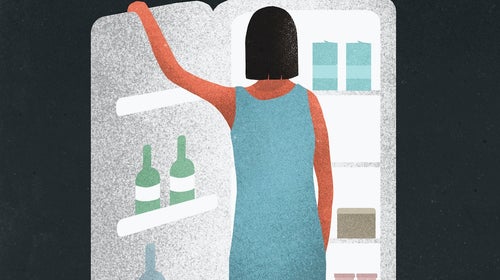 Illustration of hungry woman standing at open refrigerator.
