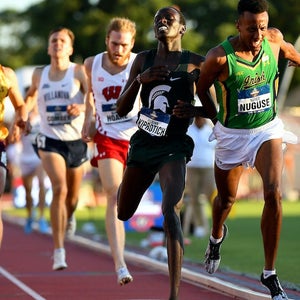 Notre Dame runner finishing first in 1500 race.