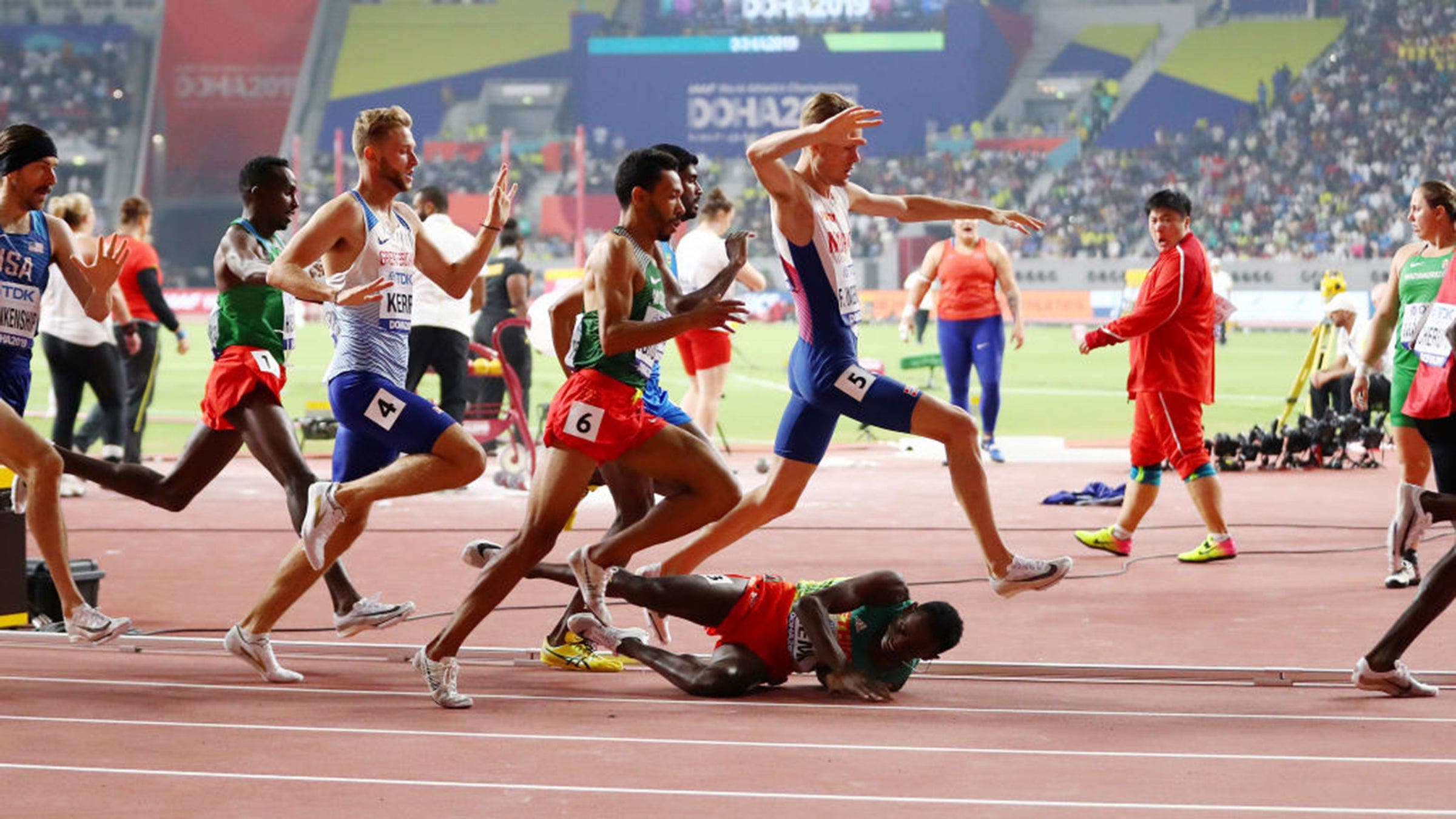 It's not often clear if someone broke the rules of track if a runner falls and impedes other competitors. 