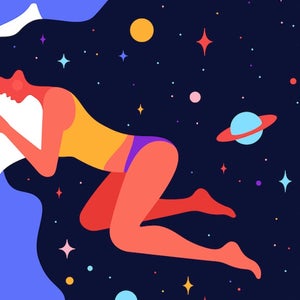 Simple character of woman sleeping in bed with universe starry night in hair.