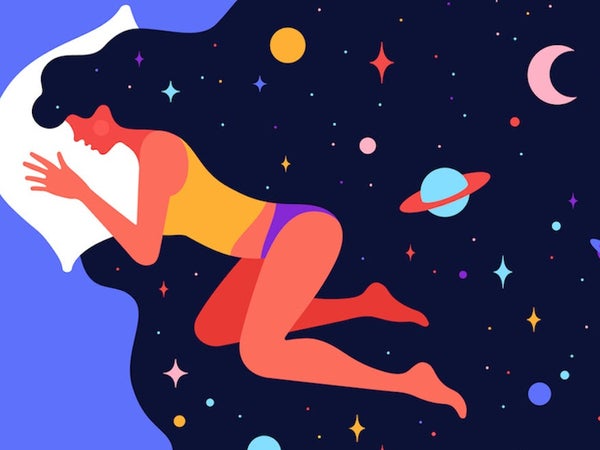 Simple character of woman sleeping in bed with universe starry night in hair.