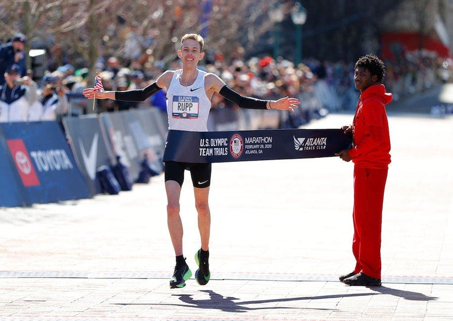 Galen Rupp reacts as he crosses the finish line to win the Men's U.S. Olympic marathon team trials.
