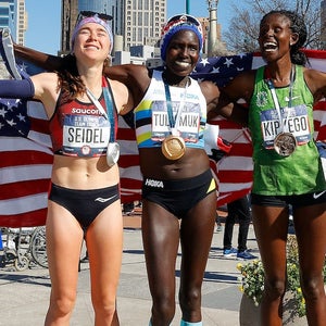 Molly Seidel, Aliphine Tuliamuk, and Sally Kipyego pose after finishing in the top three of the Women's 2020 U.S. Olympic marathon team trials.