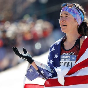 Molly Seidel reacts after finishing runner-up in the 2020 Olympic Marathon Trials.
