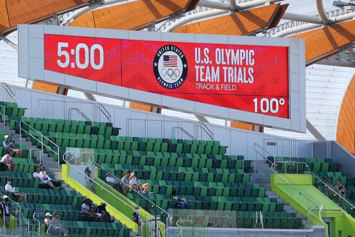 A temperature of 100 degrees Fahrenheit is displayed on the scoreboard on day nine of the 2020 U.S. Olympic Track & Field Team Trials at Hayward Field;.