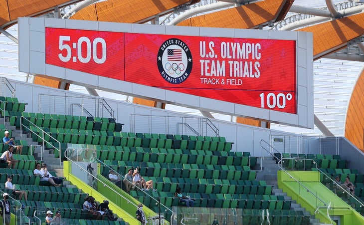 A temperature of 100 degrees Fahrenheit is displayed on the scoreboard at the US Olympic Track and Field Trials.