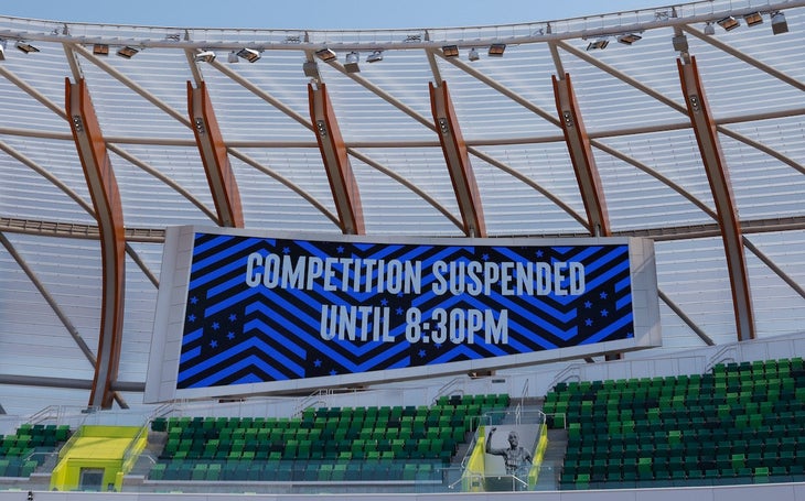 A message indicating that competition is suspended until 8:30pm is displayed during day ten of the 2020 U.S. Olympic Track & Field Team Trials at Hayward Field.