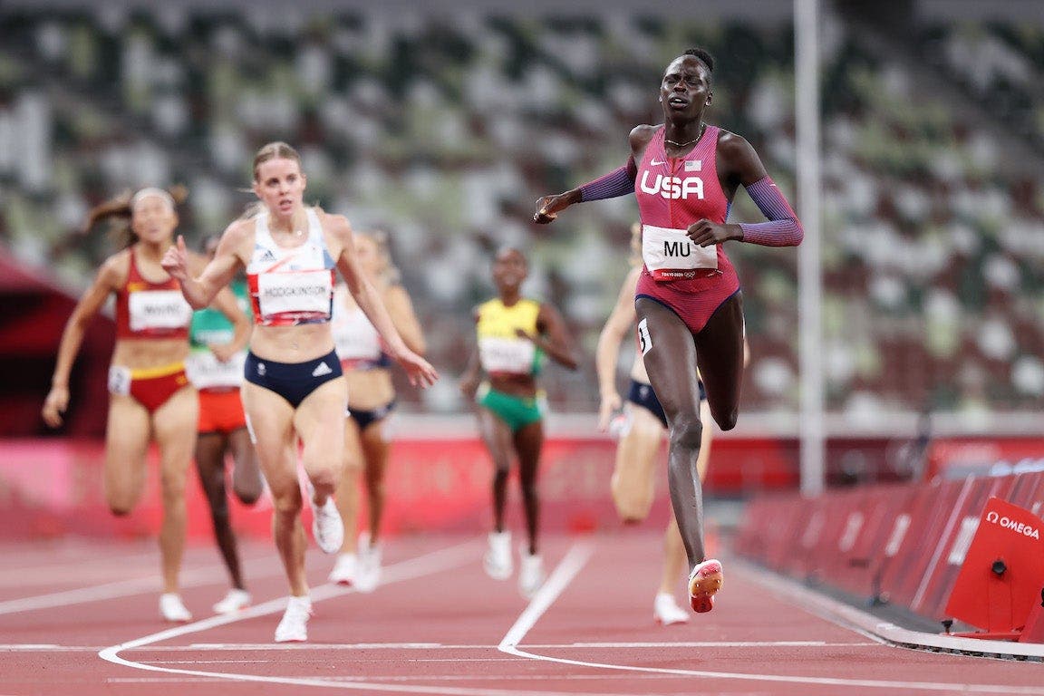 Athing Mu of Team United States reacts after winning the gold medal in the Women's 800m final in Tokyo.