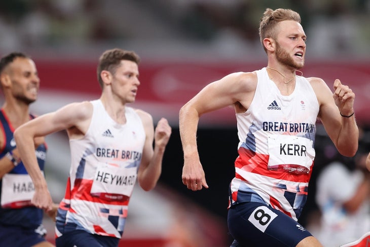 Josh Kerr racing at the Olympics, close up.