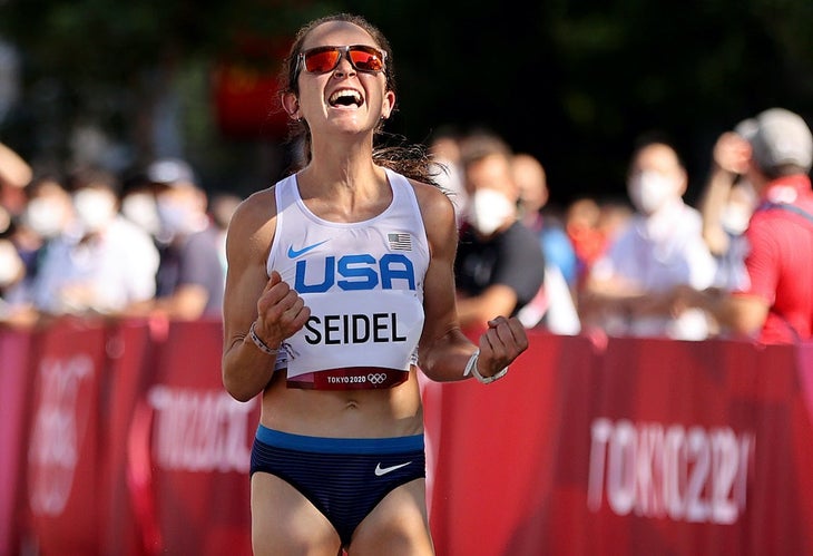 Molly Seidel of Team United States reacts after winning the bronze medal in the Women's Marathon.